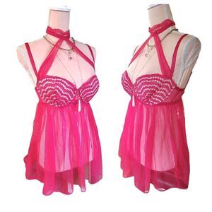 Victoria's Secret 2015 Hot Pink Crochet Mesh Babydoll With Choker Size 34D